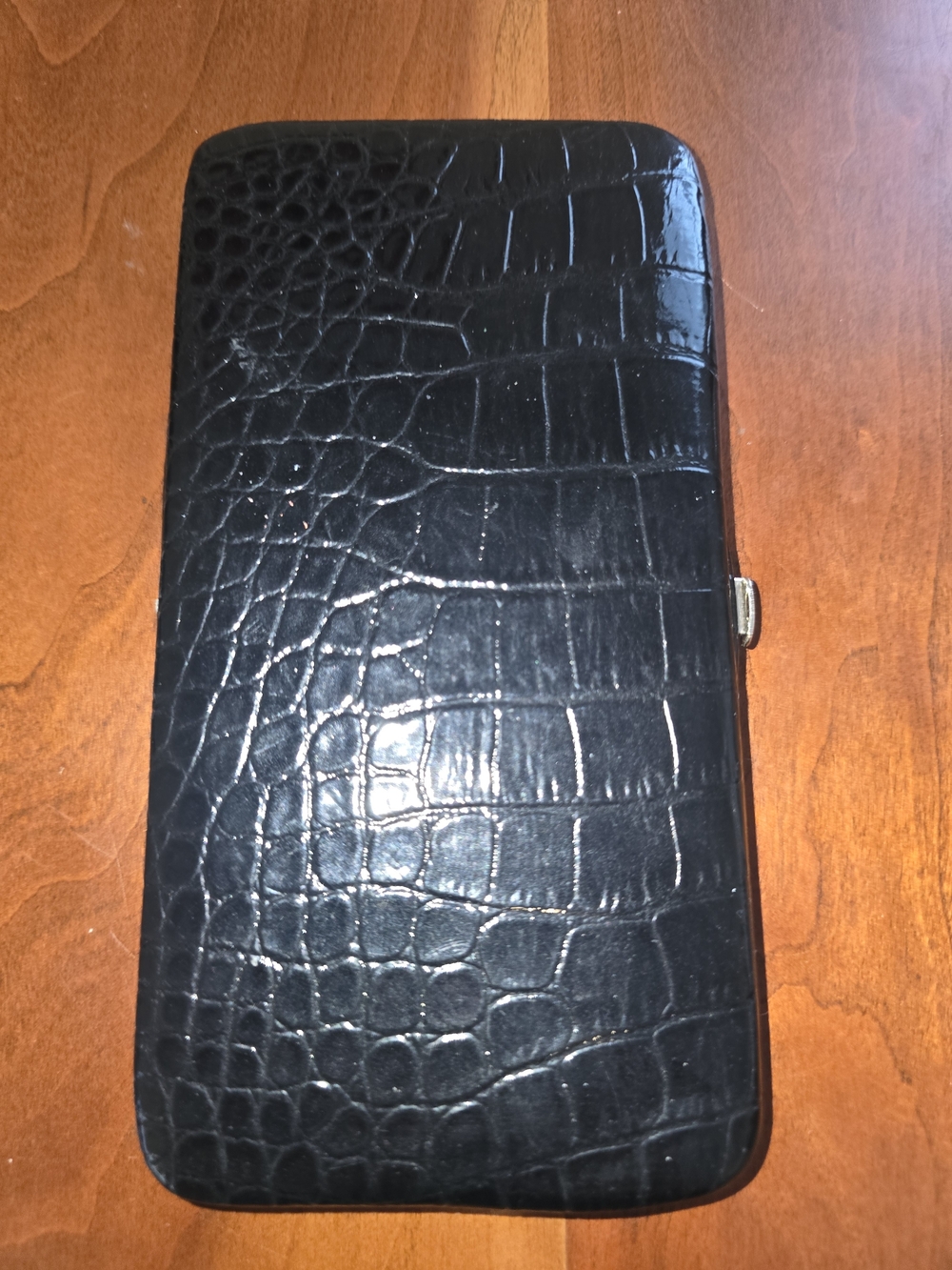 Like New Black Croc-Embossed Wallet Clutch with Snap Closure